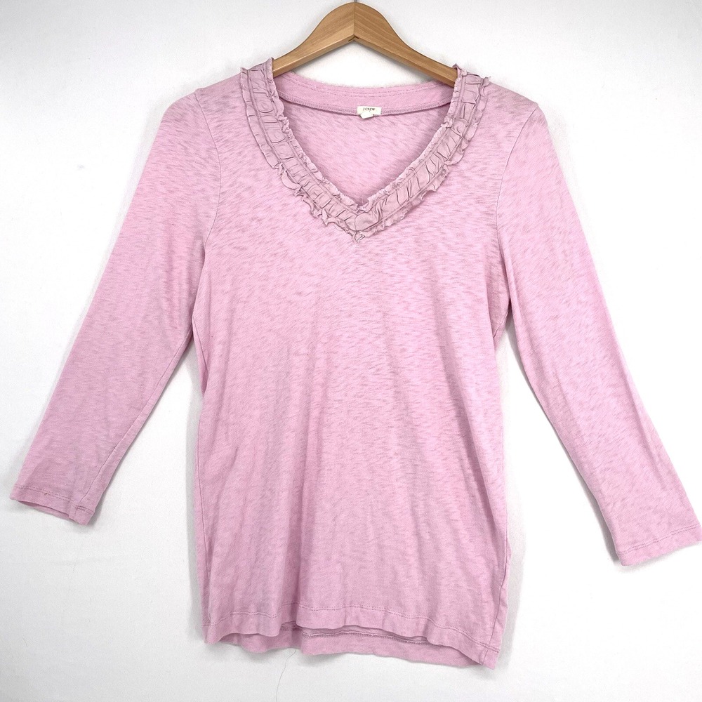 J.Crew Women's Top‎ Size M 3/4 Sleeve Pink Floral Ruffle Detailed Neckline